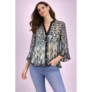 Investments Women L Leopard Abstract Print Sheer 3/4 Bell Sleeve Layering Top